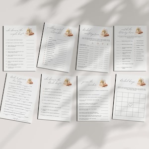 May include: Set of printable bridal shower games with a book and floral theme. The games include "Who Knows the Couple Best", "Wedding Word Scramble", "Bridal Bingo", "Guess the Number", "Who Knows the Bride Best", and "Match the Literary Love".