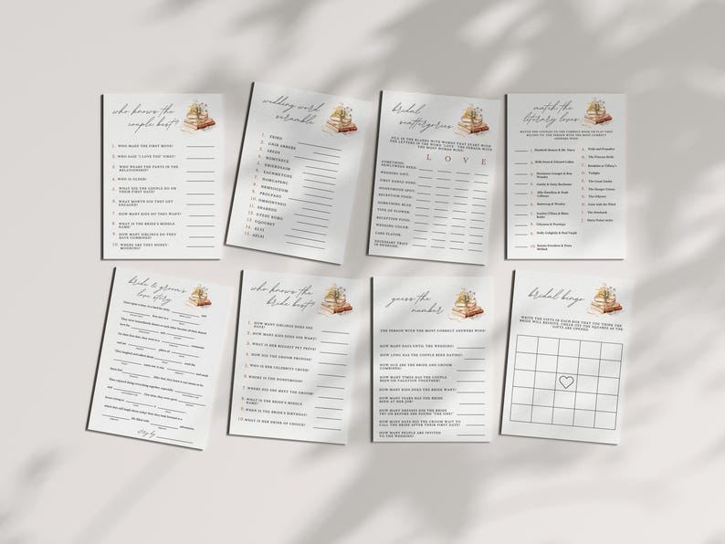 May include: Set of printable bridal shower games with a book and floral theme. The games include "Who Knows the Couple Best", "Wedding Word Scramble", "Bridal Bingo", "Guess the Number", "Who Knows the Bride Best", and "Match the Literary Love".