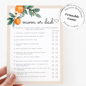 Printable Mom or Dad Baby Shower Game, A Little Cutie Is On The Way, Cutie Baby Shower Game, Instant Download, Mommy or Daddy Guess Who Game