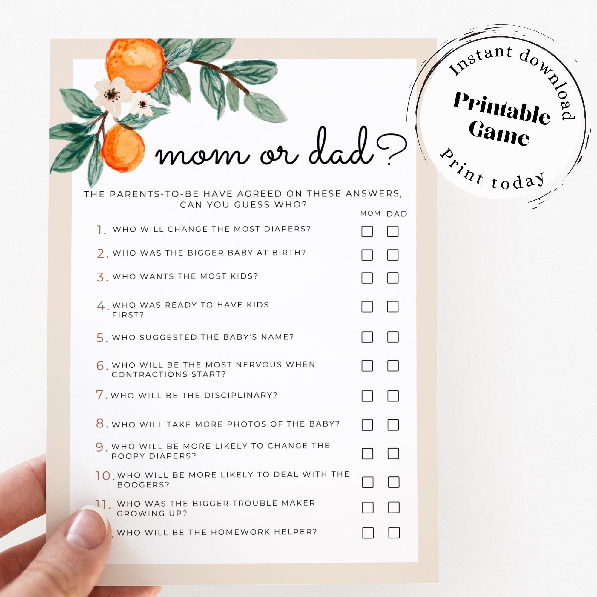 Printable Mom or Dad Baby Shower Game, A Little Cutie Is On The Way, Cutie Baby Shower Game, Instant Download, Mommy or Daddy Guess Who Game