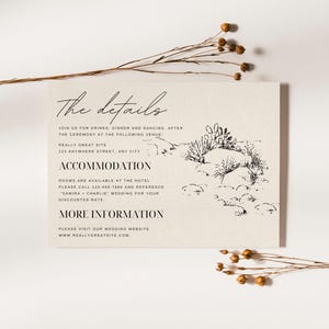 May include: A wedding invitation with a minimalist design. The details section includes information about the ceremony, reception, and accommodation. The text reads "The details", "Join us for drinks, dinner and dancing after the ceremony at the following venue", "Really great site", "123 Anywhere Street, Any City", "Accommodation", "Rooms are available at the hotel. Please call 123-456-7890 and reference "Samira + Charlie" wedding for your discounted rate", "More Information", "Please visit our wedding website www.reallygreatsite.com".