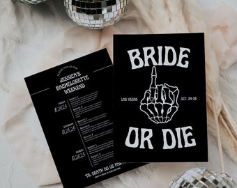 Editable Bride Or Die Bachelorette Party Invitation Itinerary Til Death Do Us Party Rock And Roll Bride Spooky Bachelorette Weekend Invite