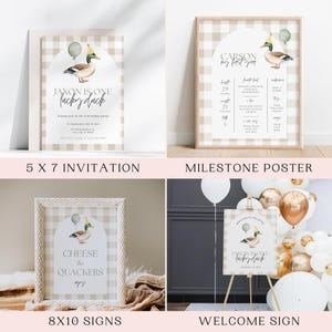 May include: A set of printable party decorations for a first birthday party with a duck theme. The decorations feature a brown and white gingham pattern and a watercolor illustration of a duck wearing a party hat. The text on the invitations reads "Jaxon is one lucky duck". The milestone poster includes a chart to track the baby's growth and development. The welcome sign features the same duck illustration and the text "Jaxon is one lucky duck". The sign for the food table reads "Cheese & Quackers".