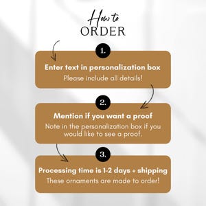 May include: A graphic with instructions on how to order. The text includes: Enter text in personalization box, mention if you want a proof, and processing time is 1-2 days. The text is on brown rectangles.