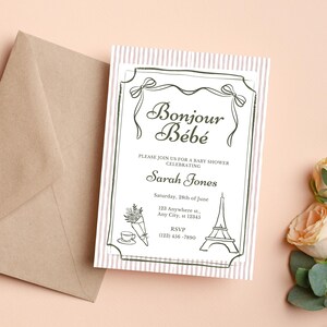 Bearbeitbare Bonjour Bebe Babyparty einladen Französisches Thema Baby Sprinkle-Mädchen-Dusche-elegante Pariser rosa Babyparty Paris-Thema-Babyparty