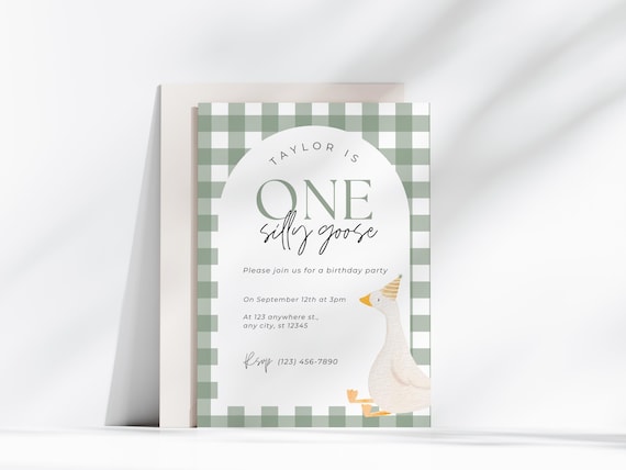 Editable One Silly Goose First Birthday Party Invitation Sage Green Silly Goose Theme 1st Birthday Party Gender Neutral Silly Goose Invite