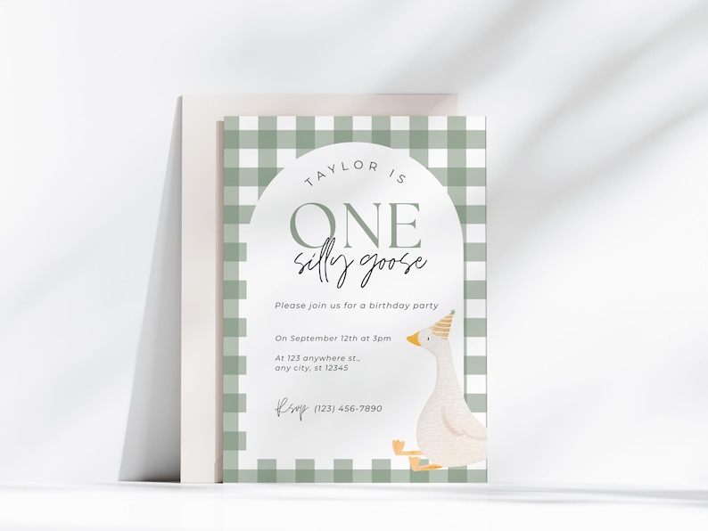 Sage green silly goose birthday invite