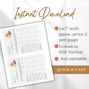 May include: A printable bridal shower game with a watercolor illustration of books and flowers. The game is 5x7 inches and comes in PDF format. The text on the game says "Bridal Nattergorus" and "Fill in the blanks with words that start with the letters in the word "LOVE". The person with the most words wins."