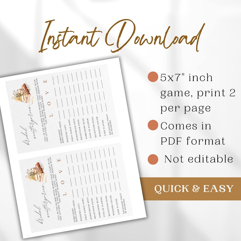 May include: A printable bridal shower game with a watercolor illustration of books and flowers. The game is 5x7 inches and comes in PDF format. The text on the game says "Bridal Nattergorus" and "Fill in the blanks with words that start with the letters in the word "LOVE". The person with the most words wins."