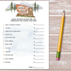 May include: A printable baby shower game with a watercolor illustration of a mountain scene and a sign that says "price that". The game asks guests to guess the price of various baby items, such as diapers, a pacifier, baby wipes, and a baby bottle.
