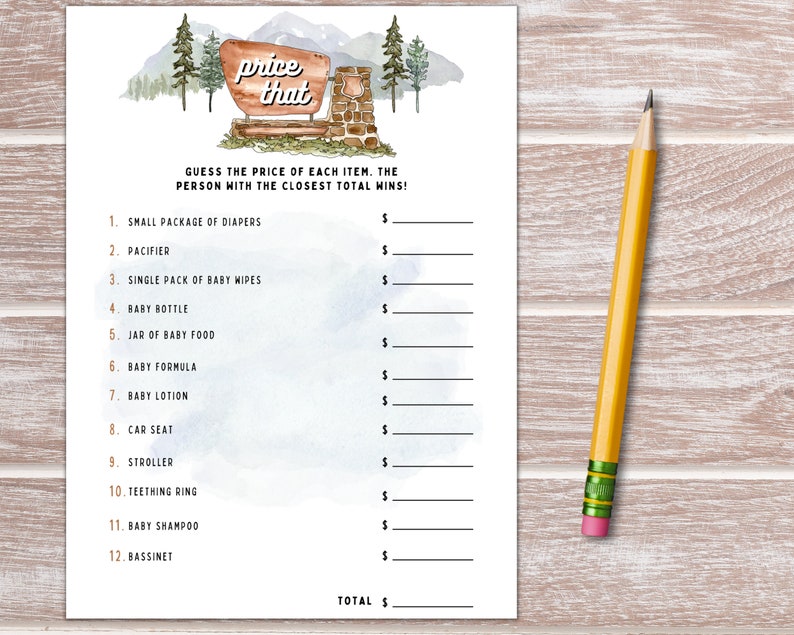 May include: A printable baby shower game with a watercolor illustration of a mountain scene and a sign that says "price that". The game asks guests to guess the price of various baby items, such as diapers, a pacifier, baby wipes, and a baby bottle.