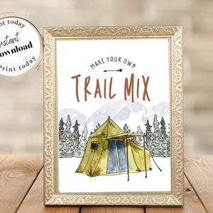 Printable Trail Mix Bar Sign, Camping Themed Baby Shower, Camping Themed Birthday Party, Woodland Baby Shower