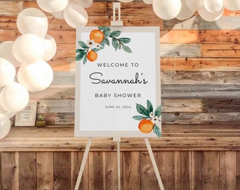 Editable Citrus Welcome Sign Template Canva Cutie Baby Shower Decor Ideas Gender Neutral Orange Welcome Sign Little Cutie Baby Shower Sign