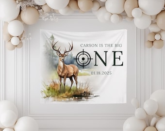 The Big One Deer Birthday Personalized Backdrop Hunting Theme First Birthday Decor Ideas Whitetail Deer Party Banner Boy 1st Birthday B21