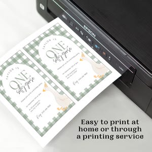 May include: A printable invitation for a first birthday party. The invitation features a green and white gingham pattern, a cartoon goose, and the text "Taylor is One Silly Goose".