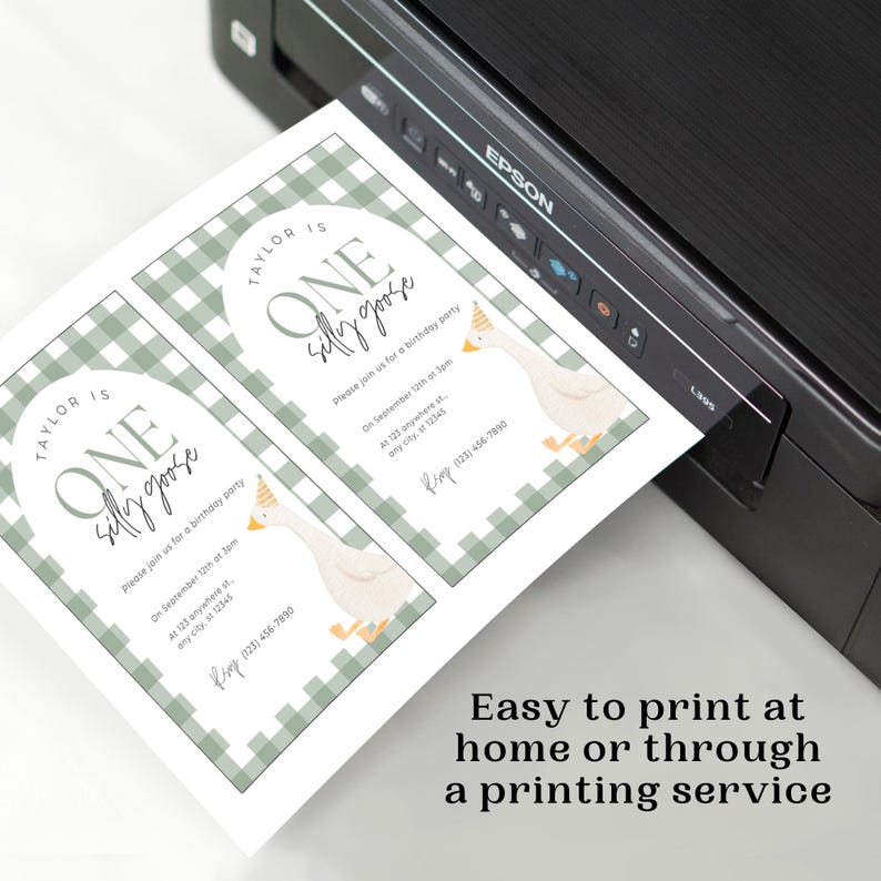 May include: A printable invitation for a first birthday party. The invitation features a green and white gingham pattern, a cartoon goose, and the text "Taylor is One Silly Goose".
