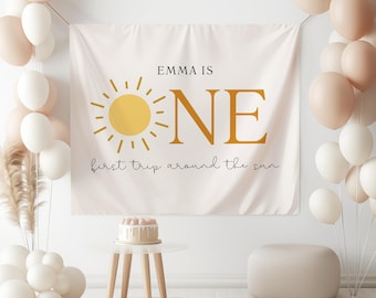 First Trip Around The Sun Birthday Custom Banner Sun 1st Birthday Personalized Backdrop Neutral Birthday Party Banner Boho Birthday Ideas