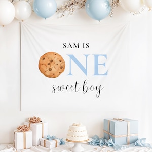 Banner de leche y galletas, telón de fondo personalizado para el primer cumpleaños, ideas de decoración para el primer cumpleaños de un dulce año, banner personalizado para fiesta de primer cumpleaños de galletas de niño