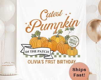 Pumpkin First Birthday Banner Fall 1st Birthday Party Decor Cutest Pumpkin In The Patch Large Backdrop Little Pumpkin Party Sign