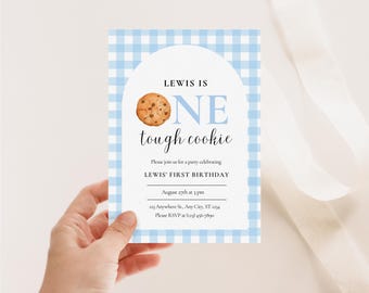 Editable One Tough Cookie 1st Birthday Invite Boy First Birthday Blue Sweet One Boy Invitation Cookies And Milk Birthday Party Minimalist