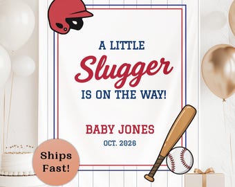 Baseball Baby Shower Personalized Banner A Little Slugger Is On The Way Custom Backdrop Little Slugger Party Welcome Sign Baseball Decor