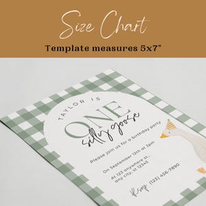 May include: A green and white gingham patterned invitation with a white circle in the center. The circle says "Taylor is One silly goose". The invitation is for a birthday party and includes the date, time, and location. The text "Psup (123) 456-7890" is at the bottom of the invitation.
