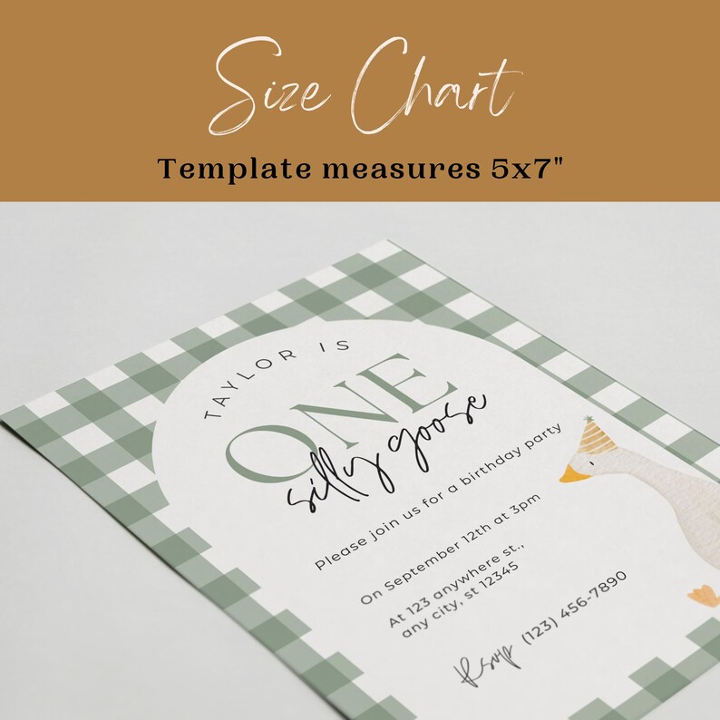 May include: A green and white gingham patterned invitation with a white circle in the center. The circle says "Taylor is One silly goose". The invitation is for a birthday party and includes the date, time, and location. The text "Psup (123) 456-7890" is at the bottom of the invitation.