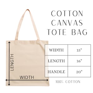 May include: A natural-colored cotton canvas tote bag with black text that reads "COTTON CANVAS TOTE BAG". The bag measures 15 inches wide, 16 inches long, and has a 20 inch handle. The bag is made of 100% cotton.