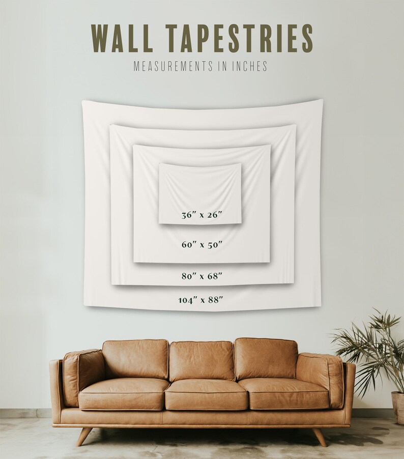 May include: Four white wall tapestries of different sizes hanging on a wall. The tapestries are shown with their measurements in inches: 36" x 26", 60" x 50", 80" x 68", and 104" x 88".