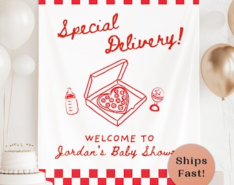 Pizza Theme Shower Welcome Sign Personalized Pizza Fabric Banner Custom Special Delivery Backdrop Italian Theme Baby Shower Thats Amore