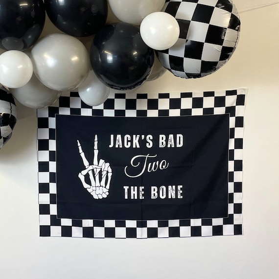 Bad Two The Bone Birthday Photo Backdrop Personalized Bad TWO The Bone Banner Checkered Print 2nd Birthday Decor Boy 2nd Birthday Ideas B54