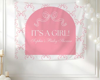 Coquette Baby Shower Personalized Banner Pink Bow Baby Shower Wall Decor Grandmillenial Baby Shower Sign Pink Ribbon Shower Backdrop Minimal