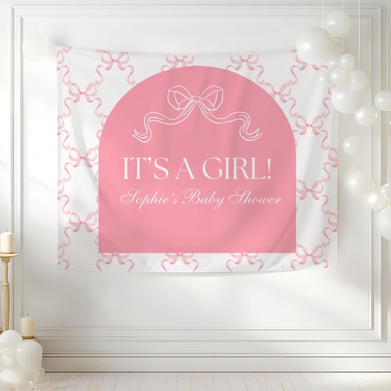 Coquette Baby Shower Personalized Banner Pink Bow Baby Shower Wall Decor Grandmillenial Baby Shower Sign Pink Ribbon Shower Backdrop Minimal