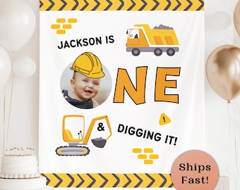 Construction Theme 1st Birthday Banner Personalized One And Digging It Excavator Backdrop Custom Construction Bday Cake Smash Decor Builder