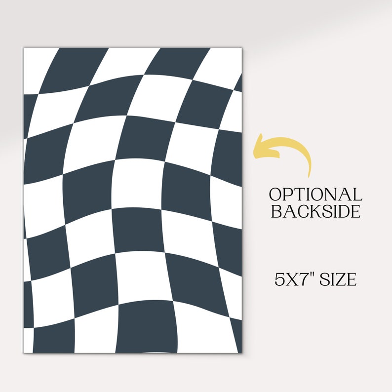 Puede incluir: Un patr&oacute;n de cuadros blanco y negro en un dise&ntilde;o ondulado. El patr&oacute;n tiene un tama&ntilde;o de 5x7 pulgadas. La imagen muestra el lado frontal del dise&ntilde;o, con una flecha apuntando hacia la derecha que indica que hay un lado posterior opcional.