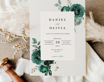 Bearbeitbare Smaragdgrüne Hochzeitseinladung Blumenhochzeit einladen Waldgrüne Hochzeitsideen Elegante Grün Laden Einladen Digitaler Download