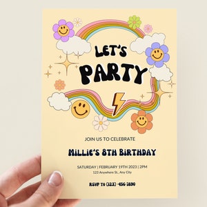 Editable Groovy Birthday Invitation Let&#39;s Get Groovy Retro Invite Daisy Rainbow Groovy Invite Smiley Face Birthday Party Hippie 70s Birthday