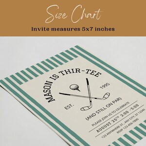 May include: An invitation card with a golf theme. The card is cream-colored with a teal border and text. The text reads "Mason is Thir-tee" with golf club illustrations. The invite measures 5x7 inches.