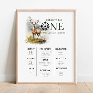 May include: A printable first birthday chart for a boy named Carson. The chart features a watercolor illustration of a deer in a forest setting. It includes details like height, weight, favorite foods, nickname, favorite toys, and favorite songs. The chart is decorated with a green target and the number "ONE" in a bold font.