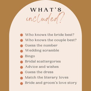 May include: A list of wedding shower games, including "Who knows the bride best?", "Guess the number", "Wedding scramble", "Bingo", "Bridal scattergories", "Advice and wishes", "Guess the dress", "Match the literary loves", and "Bride and groom's love story".