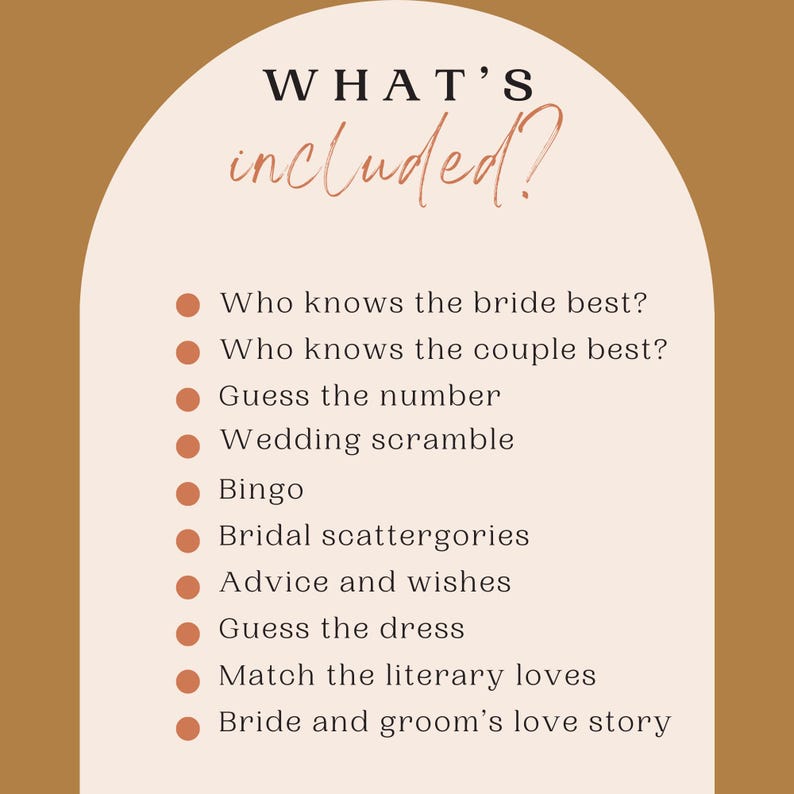 May include: A list of wedding shower games, including "Who knows the bride best?", "Guess the number", "Wedding scramble", "Bingo", "Bridal scattergories", "Advice and wishes", "Guess the dress", "Match the literary loves", and "Bride and groom's love story".