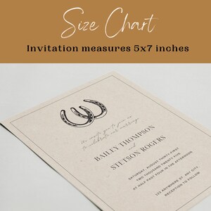 May include: A wedding invitation with a rustic theme. The invitation features two black horseshoes and the text "We invite you to join us to celebrate our marriage Bailey Thompson and Stetson Rogers Saturday, August Thirty-First Two Thousand Twenty Five At Half Past Four in the Afternoon 123 Anywhere St. Any City Reception to Follow"