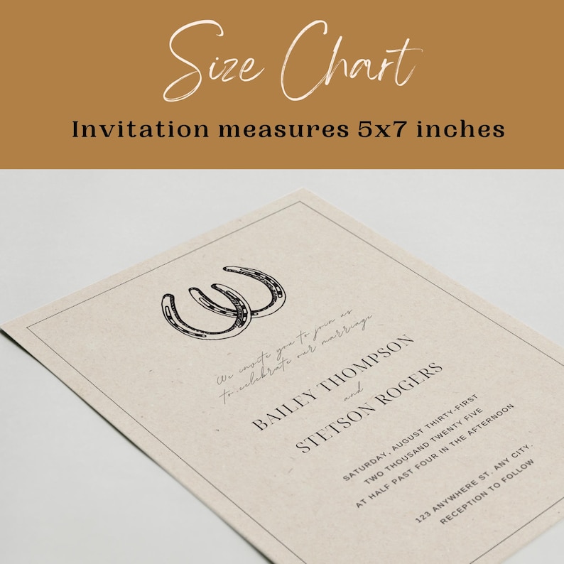 May include: A wedding invitation with a rustic theme. The invitation features two black horseshoes and the text "We invite you to join us to celebrate our marriage Bailey Thompson and Stetson Rogers Saturday, August Thirty-First Two Thousand Twenty Five At Half Past Four in the Afternoon 123 Anywhere St. Any City Reception to Follow"