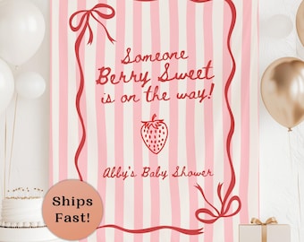 Strawberry Baby Shower Backdrop Custom Someone Berry Sweet Banner Summer Baby Shower Decor Strawberry Theme Shower Welcome Signage
