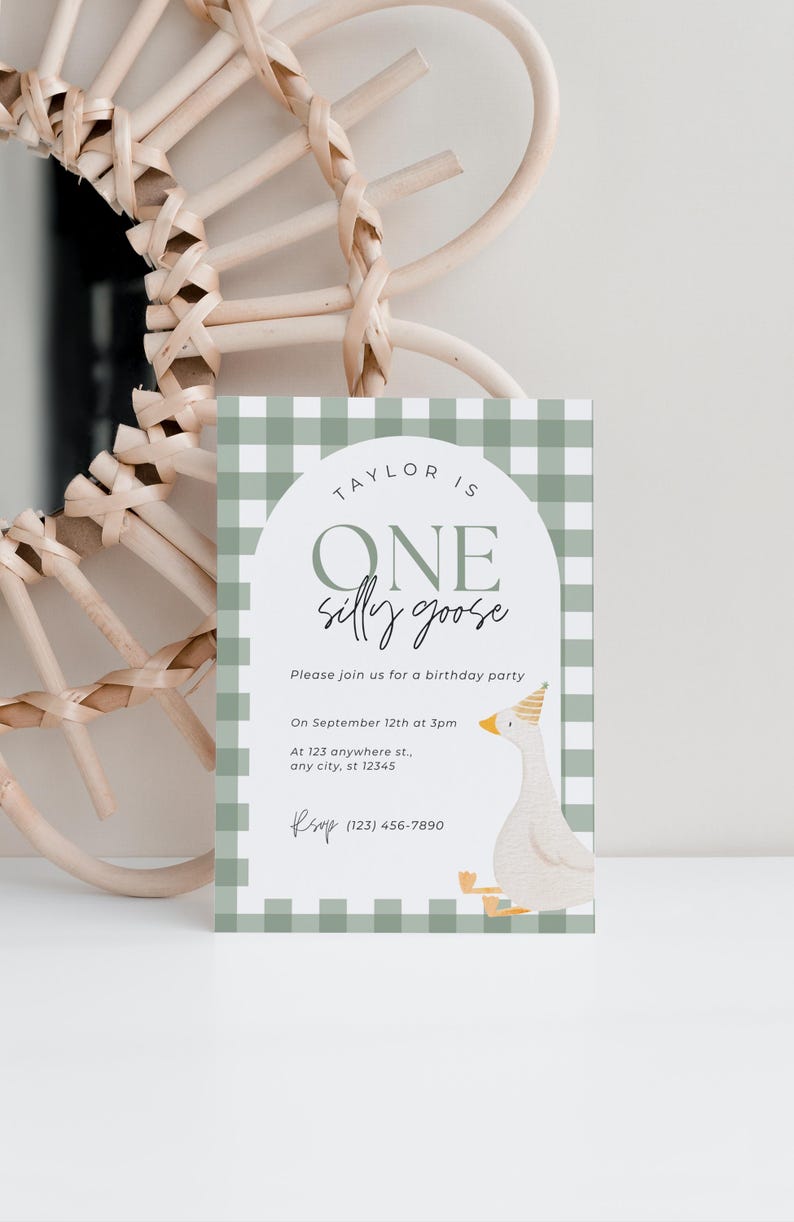 May include: A green and white gingham patterned invitation with a white goose illustration. The text reads "Taylor is One silly goose". The invitation includes details for a birthday party on September 12th at 3pm. RSVP information is included at the bottom.