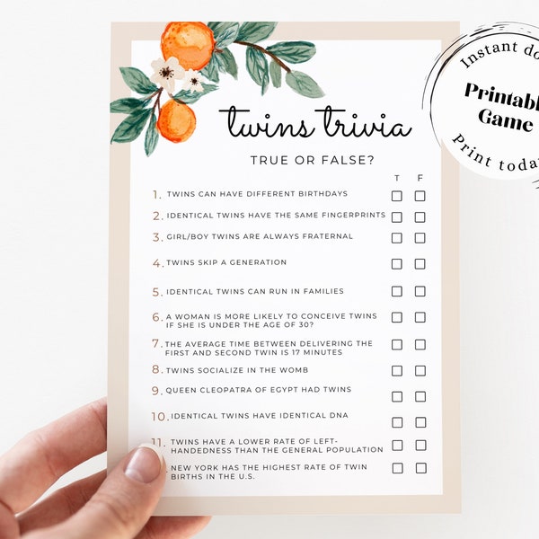 Printable Baby Shower Game For Twins Trivia Game Cutie Baby Shower Game Fun Twin True False Game Ideas For Baby Shower Cutie Theme Sprinkle