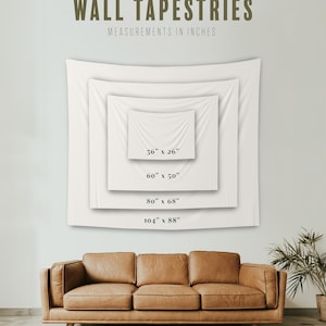 May include: Four white wall tapestries of different sizes hanging on a wall. The tapestries are shown with their measurements in inches: 36" x 26", 60" x 50", 80" x 68", and 104" x 88".