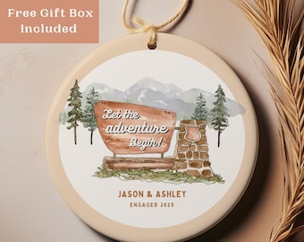 Engaged Mountain Ornament Personalized Engaged Gift For Couple Our Adventure Begins Keepsake National Park Wedding Engagement Party Gift