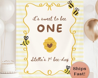 Sweet to Bee One Birthday Banner Personalized Bee Themed Birthday Backdrop Custom First Bee Day Decor Summer 1st Birthday Welcome Sign