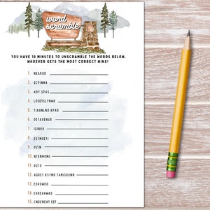 May include: A printable word scramble game with a watercolor illustration of a mountain scene and a wooden sign that says "word scramble". The game includes 15 words to unscramble.